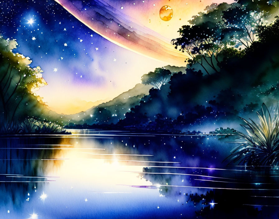 Tranquil watercolor: starry night, planet, lake, mountains