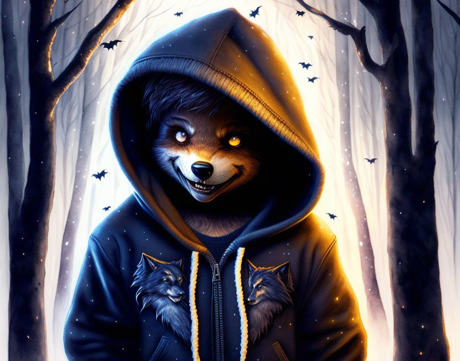 Anthropomorphic wolf in hoodie with glowing eyes in dark forest