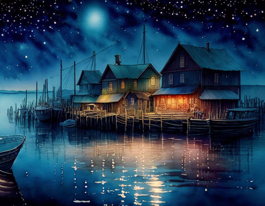 Tranquil waterfront scene with starry night sky