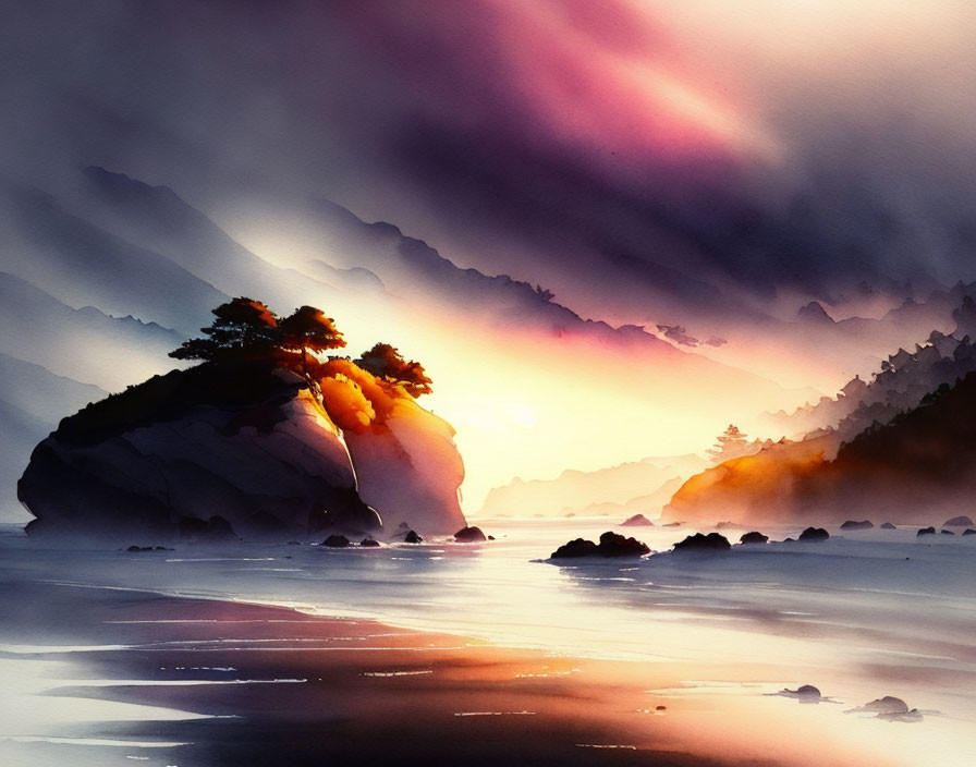 Serene sunset watercolor landscape with vivid clouds and silhouetted trees