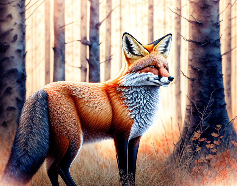 Detailed red fox illustration in forest setting