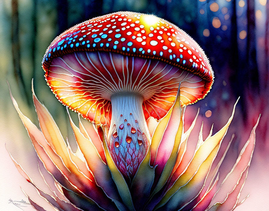 Colorful Mushroom Illustration with Red Dotted Cap on Flowering Base