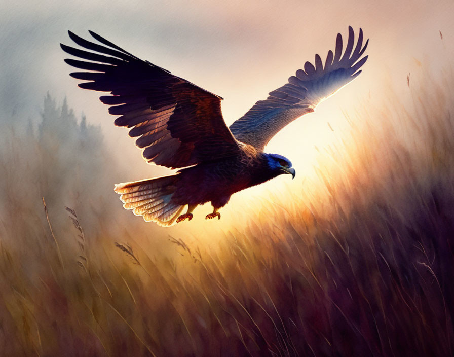 Majestic eagle flying over golden field at sunset