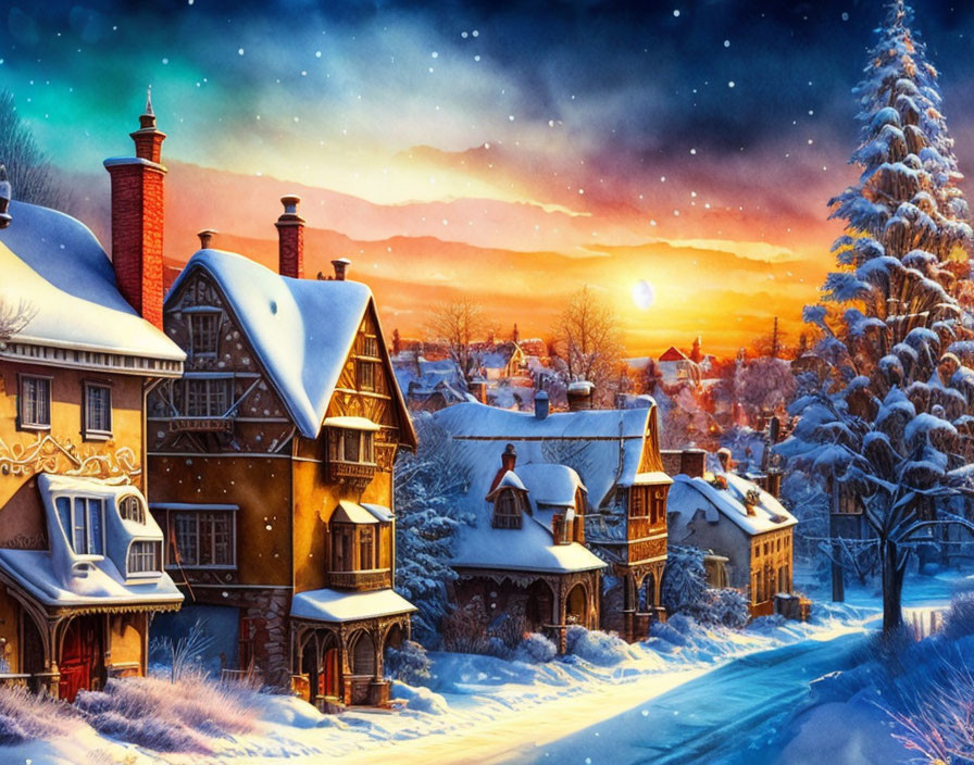 Snow-covered vintage houses at sunset with glowing windows in a starry sky