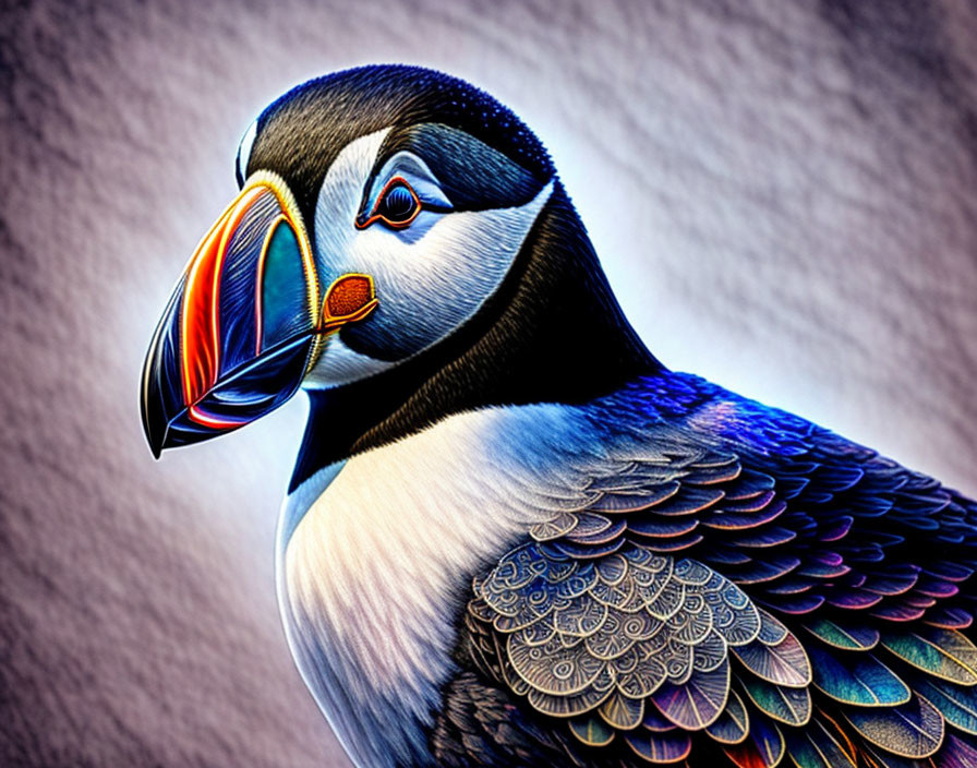 Colorful puffin illustration with intricate feathers on purple background