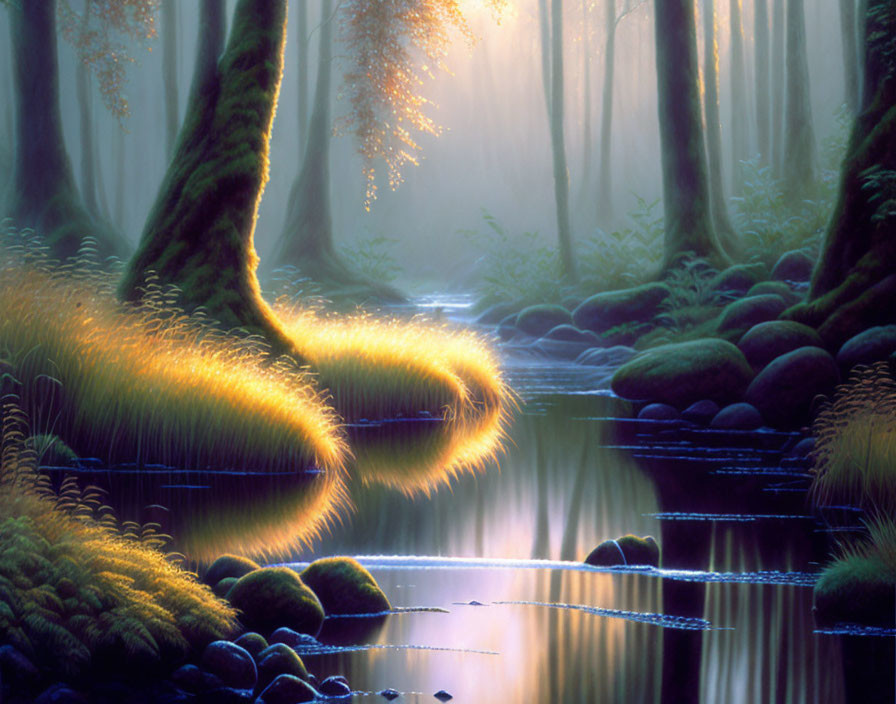 Mystical forest with moss-covered trees and serene stream