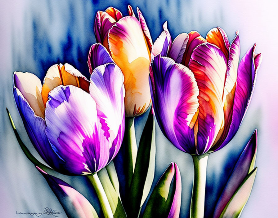 Colorful illustrated tulips in purple, pink, and orange on soft-focus backdrop