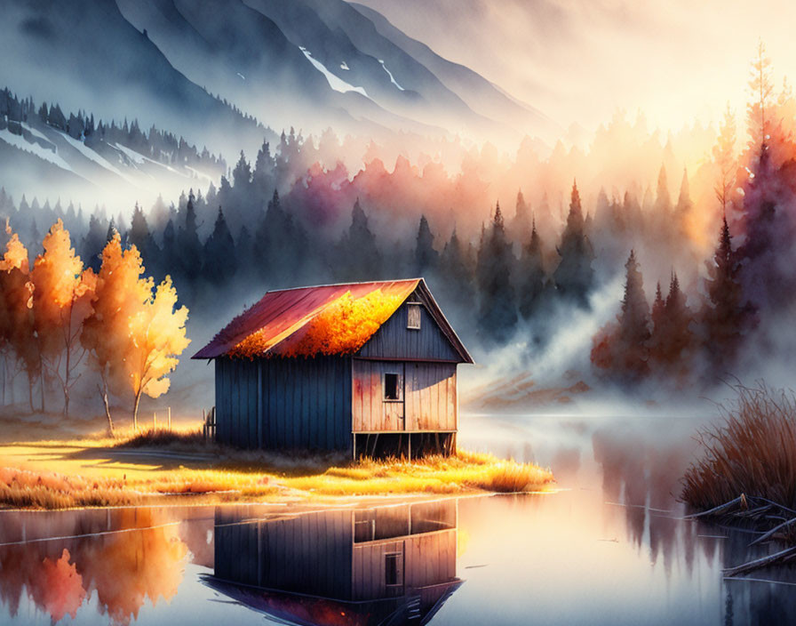 Serene autumn cabin by misty lake at sunrise or sunset