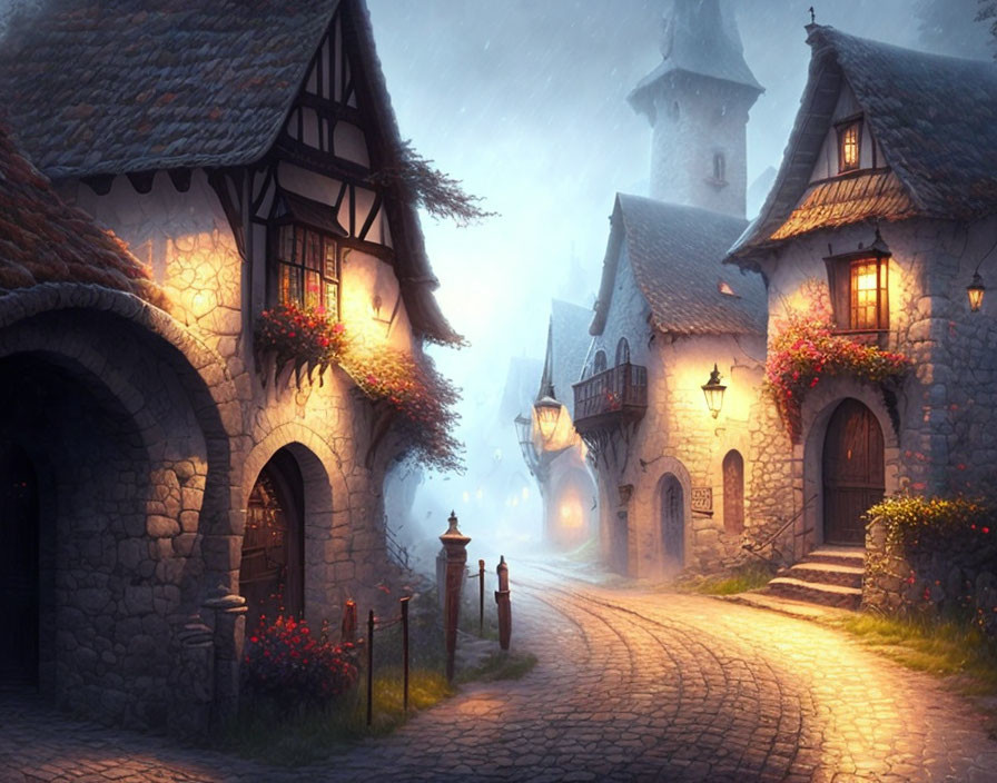 Charming cobblestone street at twilight with old-world cottages and glowing street lamps