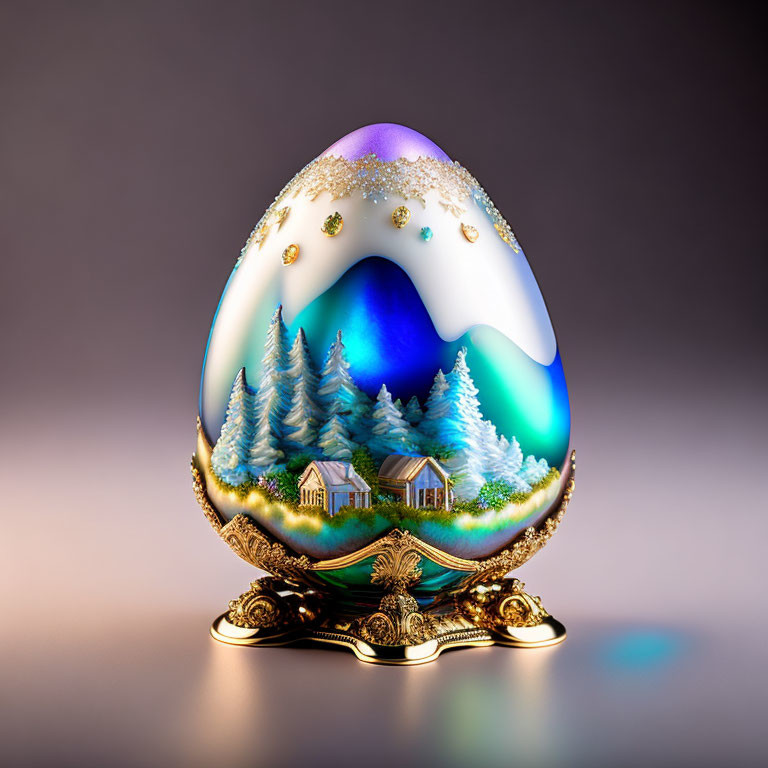 Ornate egg with wintry landscape and glowing lights on golden stand