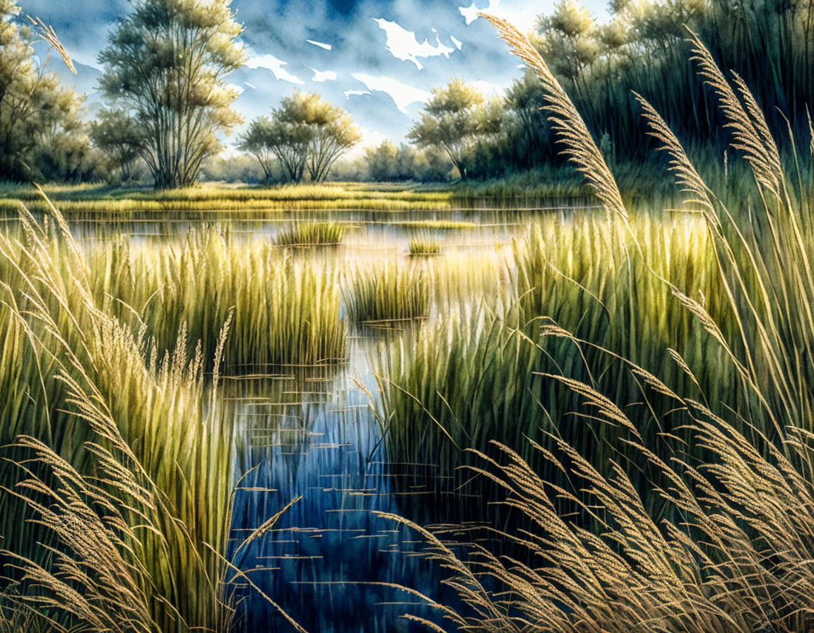 Tranquil Marshland Scene with Tall Grasses and Reflective Water