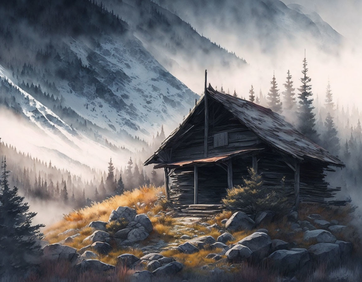 Rustic cabin in misty mountain landscape with tall pines