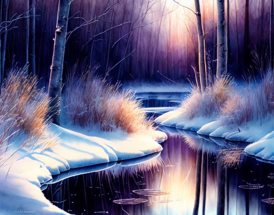 Snow-covered winter landscape with calm stream and bare trees