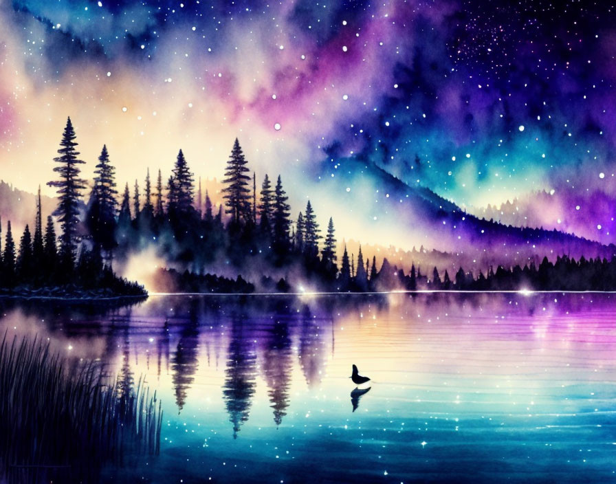 Tranquil lake twilight scene with duck silhouette and starry sky