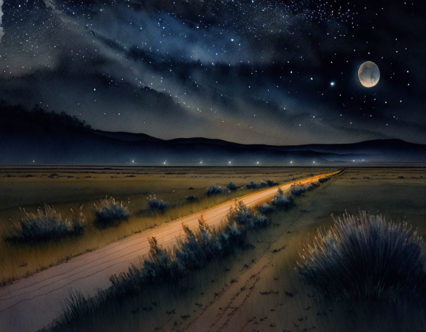 Starry night landscape with full moon over field path