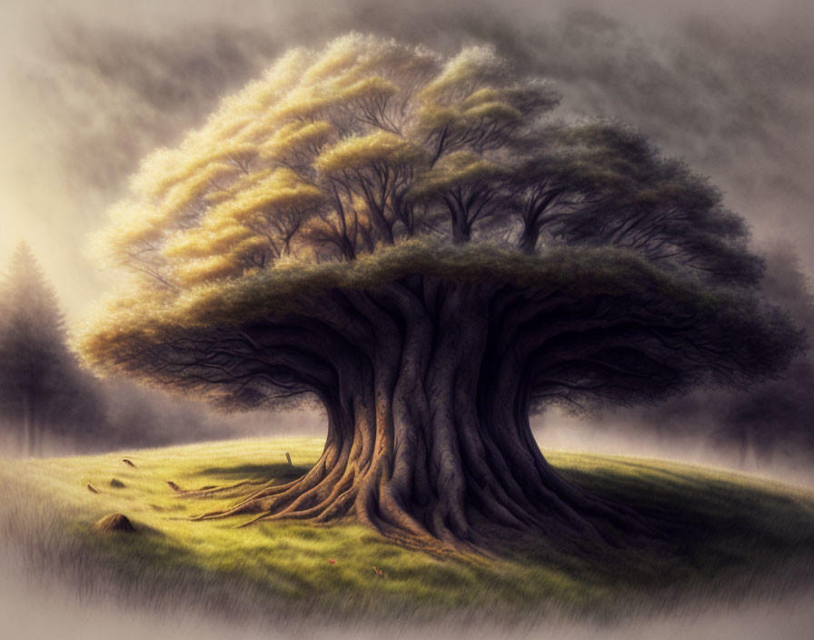 Majestic solitary tree with voluminous canopy in misty landscape