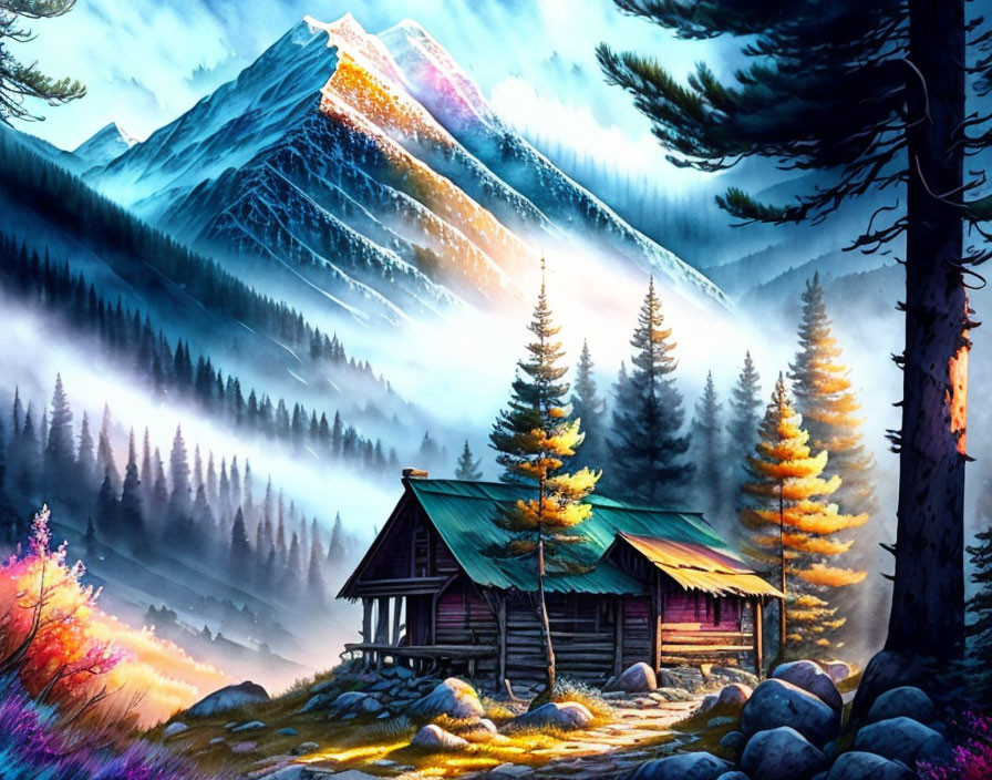 Tranquil landscape with wooden cabin, pine trees, sunlit mountains, and mist-covered valley