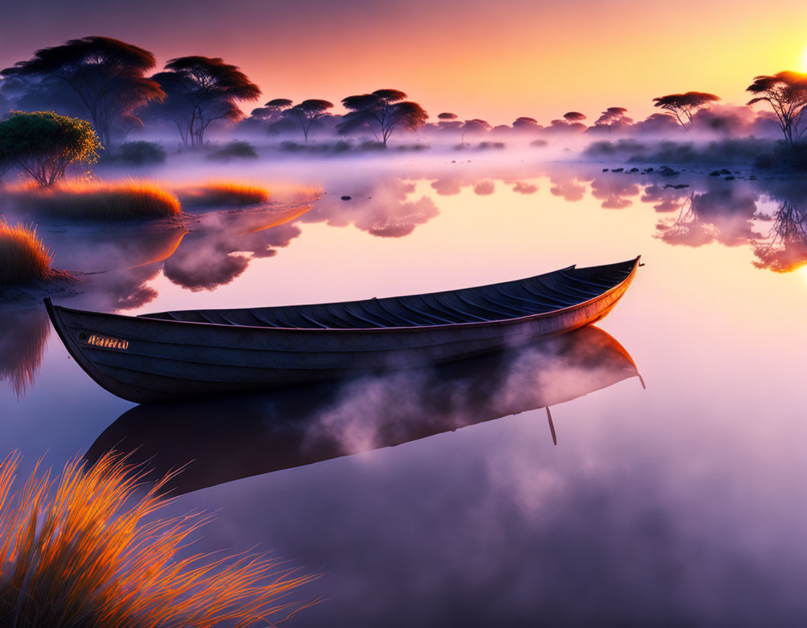 Tranquil sunrise over calm lake with trees, boat, and mist