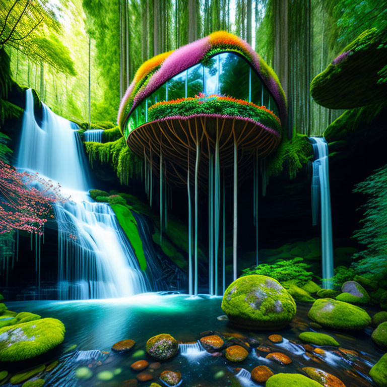 Futuristic mushroom-shaped building in lush forest with waterfalls