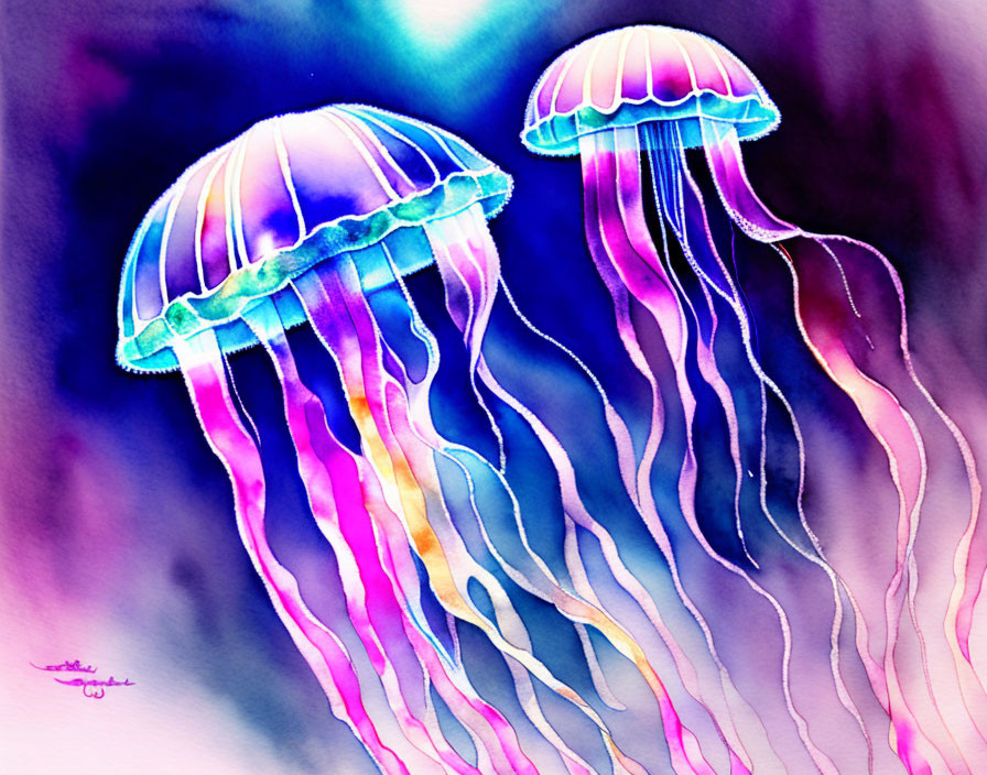 Colorful watercolor jellyfish on blue and purple background