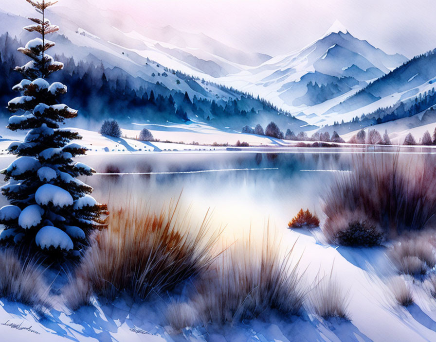 Tranquil winter landscape: frozen lake, snowy hills, pine trees, pastel sky