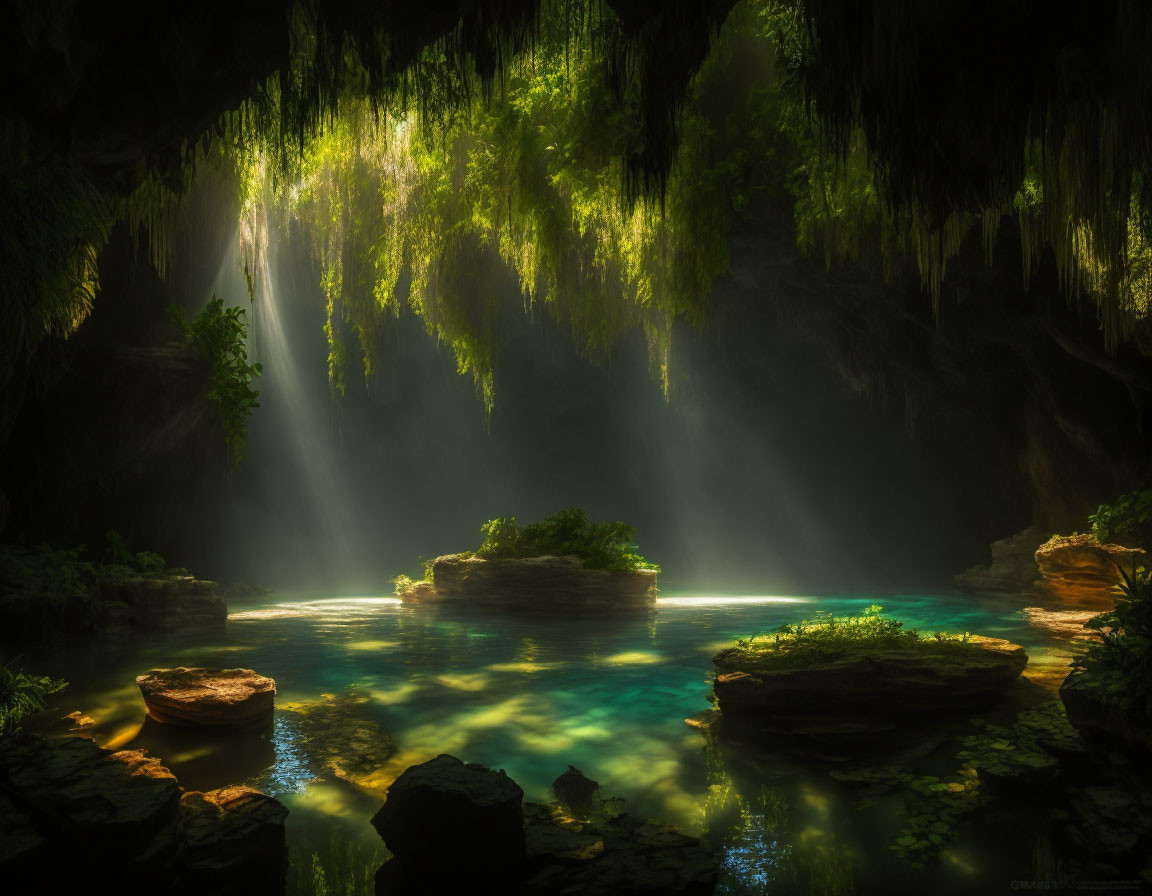 Tranquil underground cave with sunlit greenery and turquoise waters