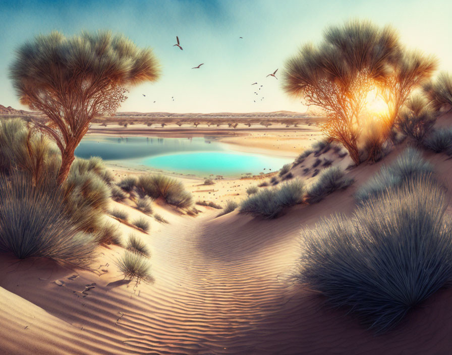 Scenic desert oasis with sand dunes, greenery, pond, and birds at sunrise