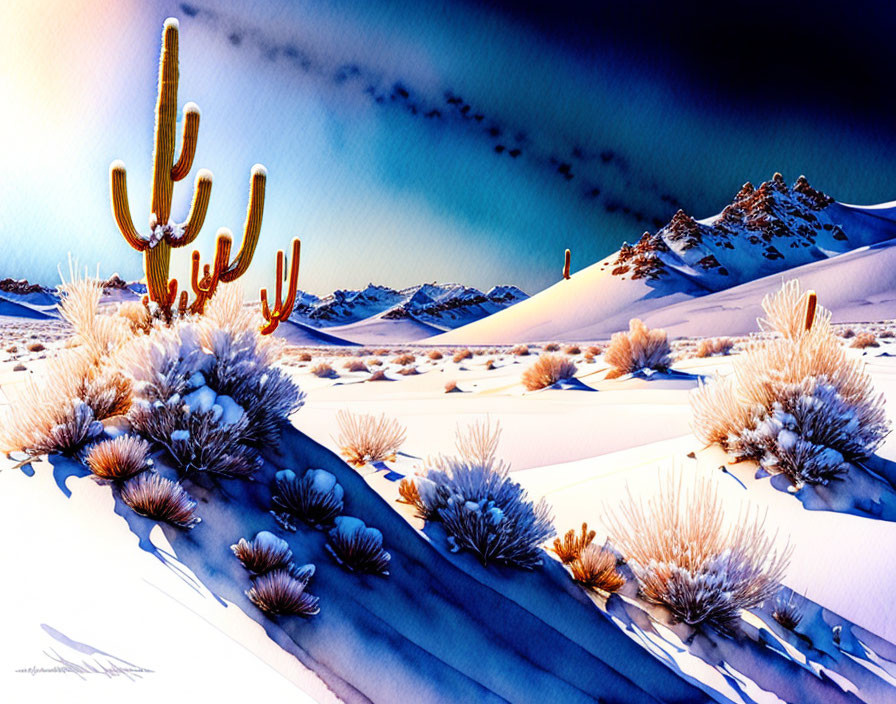 Snow-covered desert landscape with cacti and mountains under blue sky