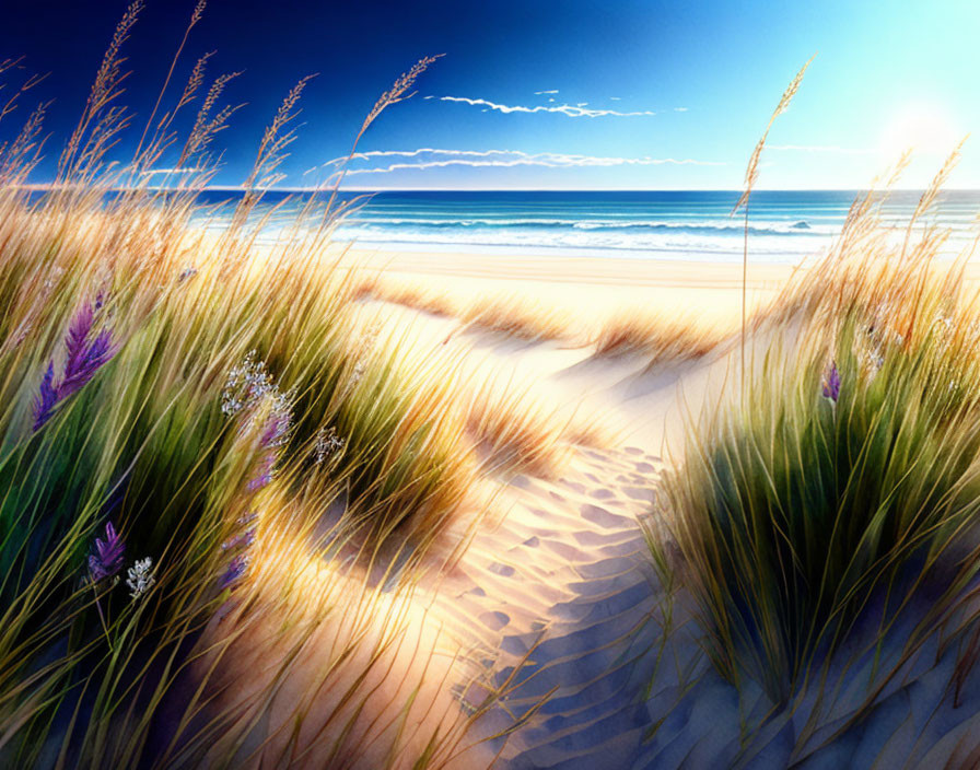 Tranquil beach landscape with golden sands, dune grasses, wildflowers, and clear blue