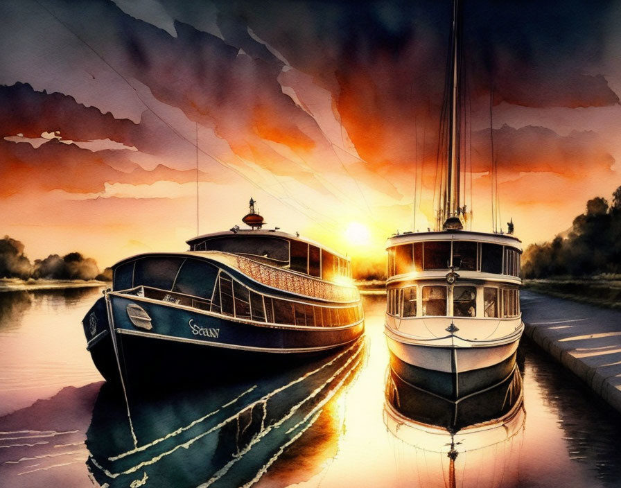 Tranquil harbor scene: Two boats at sunset