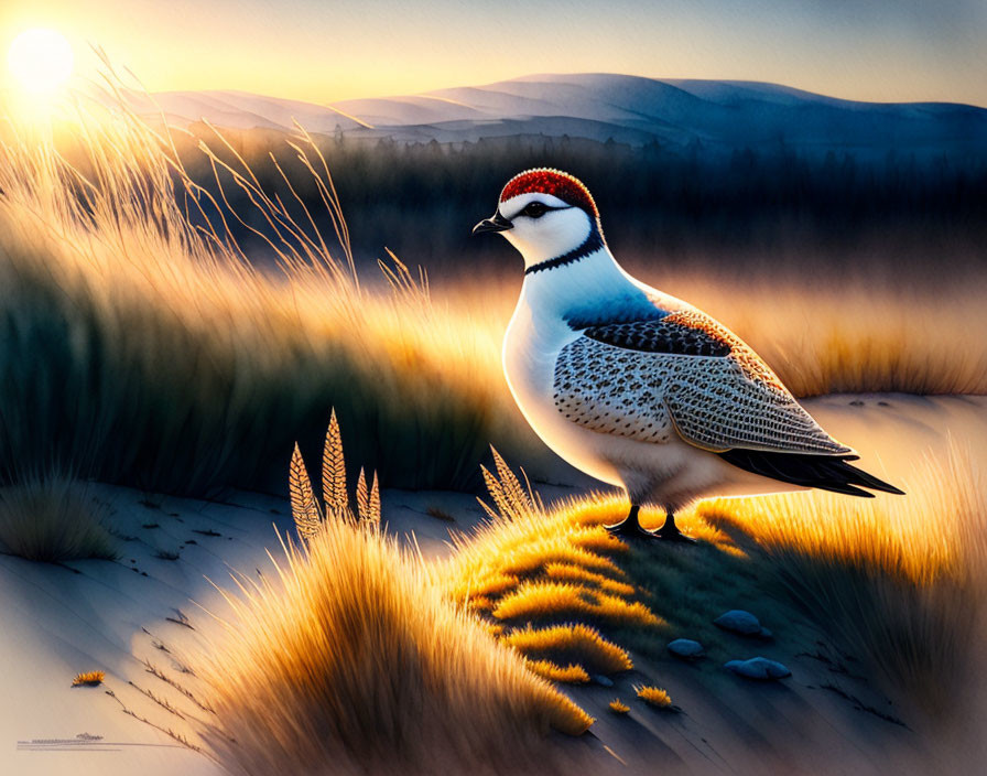 Illustration of red and white-headed bird in golden grasses at sunset