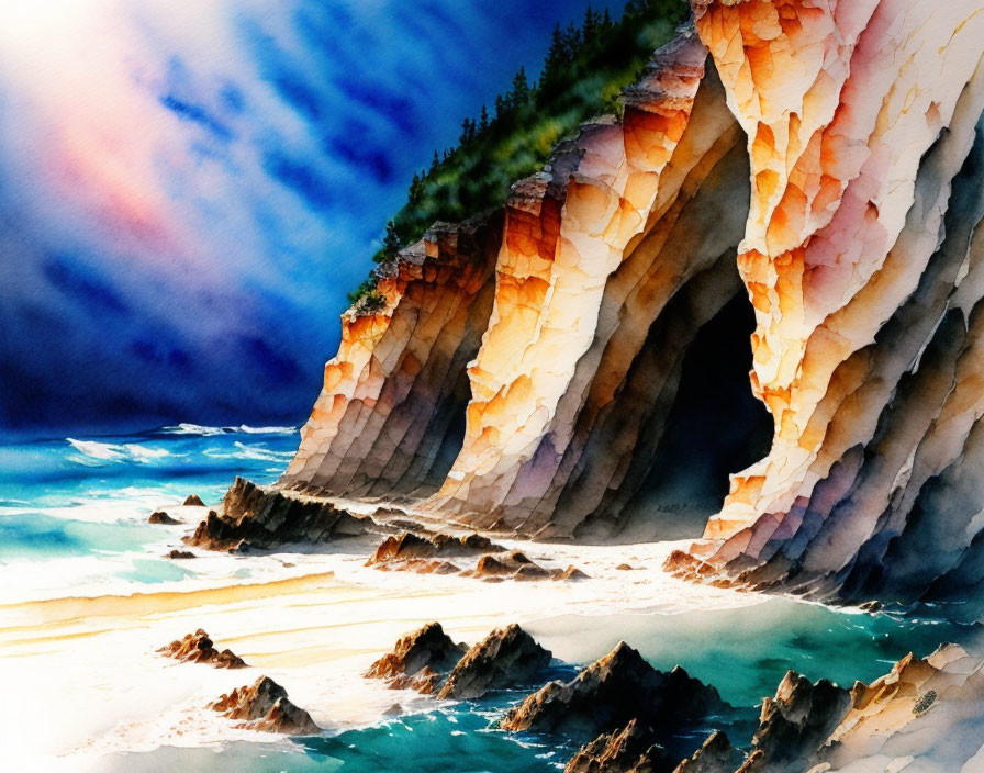 Scenic watercolor painting of rugged coastline at sunrise or sunset