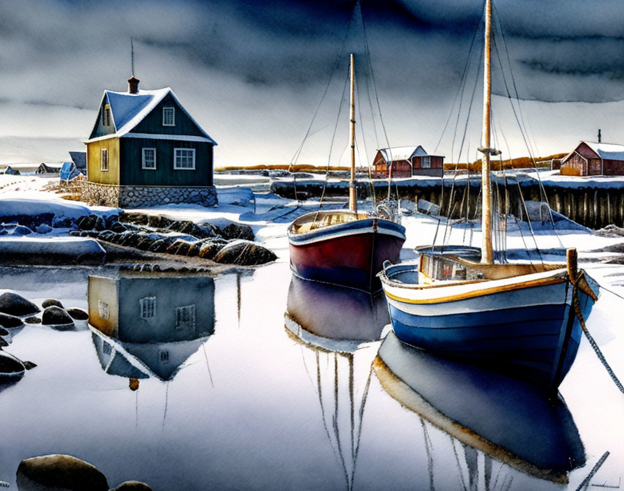 Snow-covered landscape watercolor painting with blue house, boats, reflections, tranquil water, cloudy sky