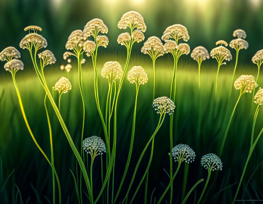 Tall Wildflowers with Umbrella-like Blooms in Luminous Meadow