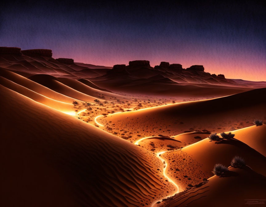 Desert twilight landscape with sand dunes, sparse vegetation, and rock formations