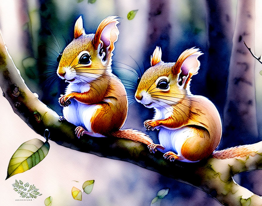 Illustrated squirrels with fluffy tails on branch in whimsical forest