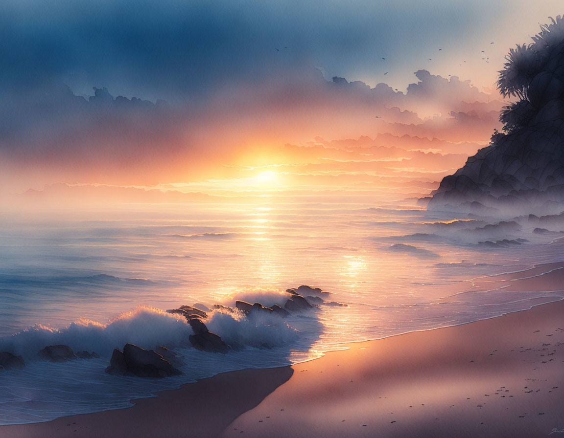 Tranquil sunset beach scene with golden hues, gentle waves, and misty cliffs