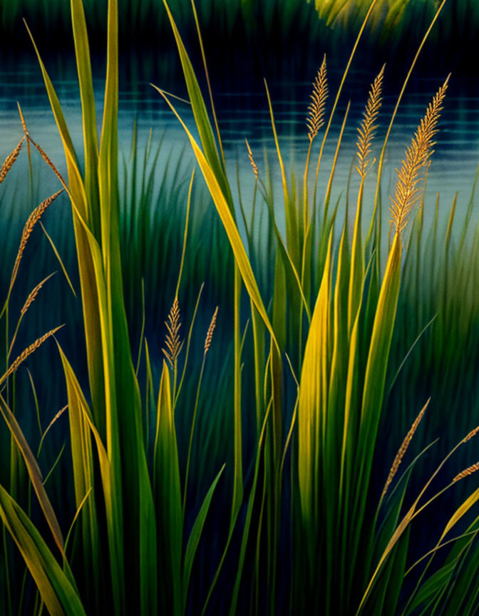 Tranquil blue water reflecting tall green grasses with golden tips