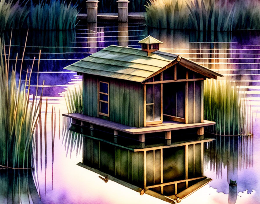 Serene watercolor: Stilted cabin near water, tall grass, purple sky