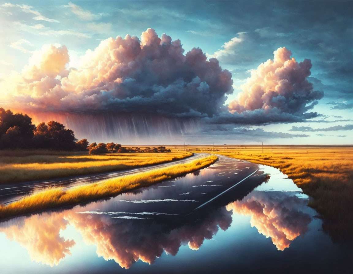 Tranquil sunset scene with wet road and dramatic clouds