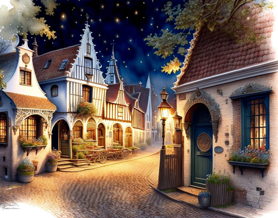 Charming cobblestone street at night with quaint houses and starry sky