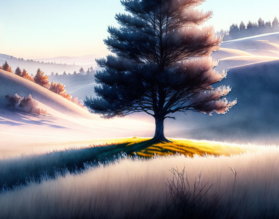 Tranquil landscape with single tree on grassy knoll