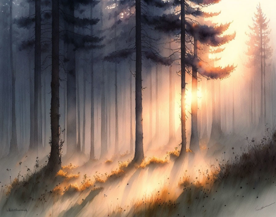 Sunrise forest painting with golden light rays and misty trees