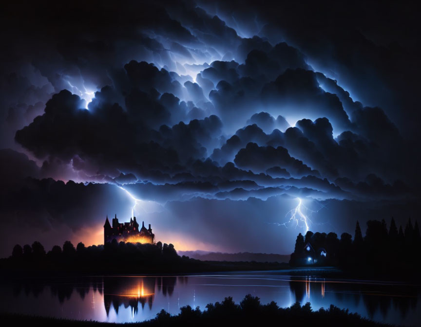 Majestic castle under stormy night sky reflected in water