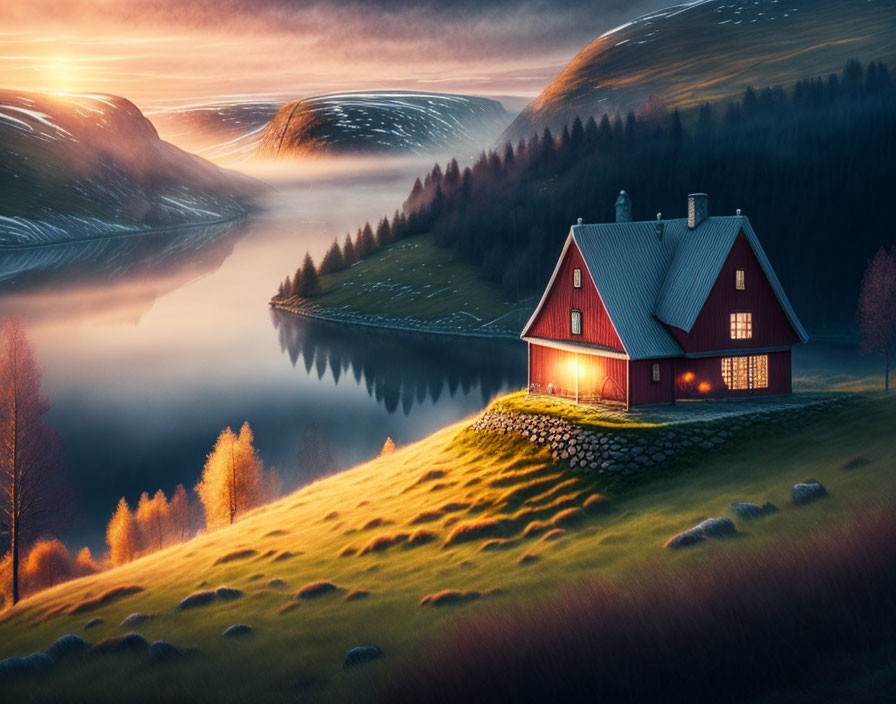 Tranquil red house by lake at misty sunrise or sunset