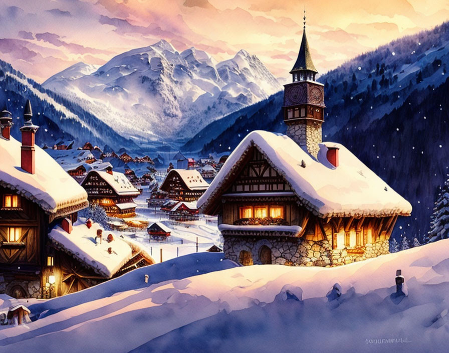 Snowy village with illuminated buildings and church steeple at dusk