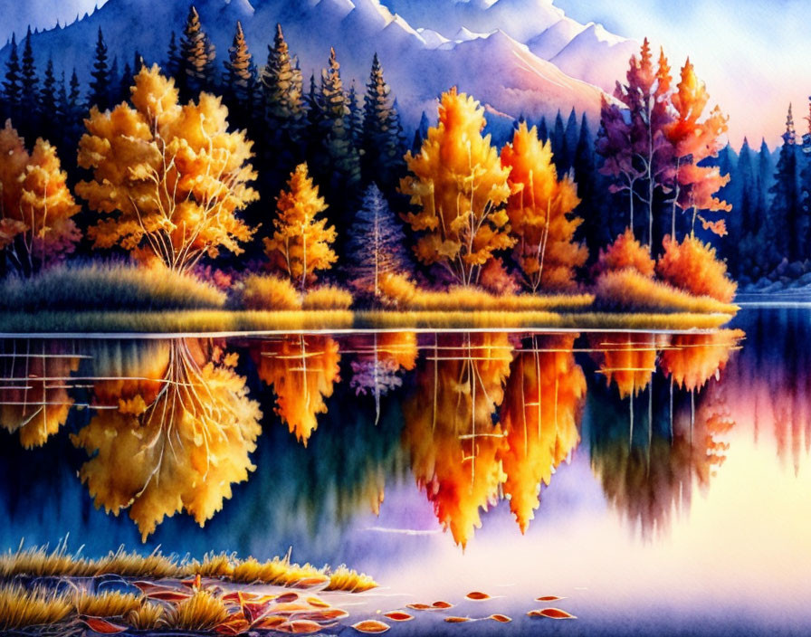 Colorful Autumnal Forest Watercolor Painting with Lake Reflections