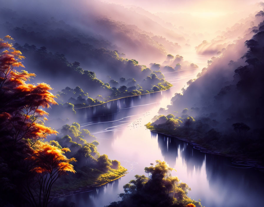 Serene misty sunrise over dense forest river