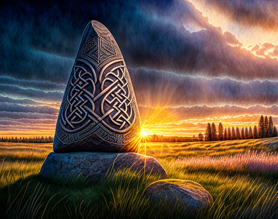 Intricate Celtic knot design on stone in lush field at sunset