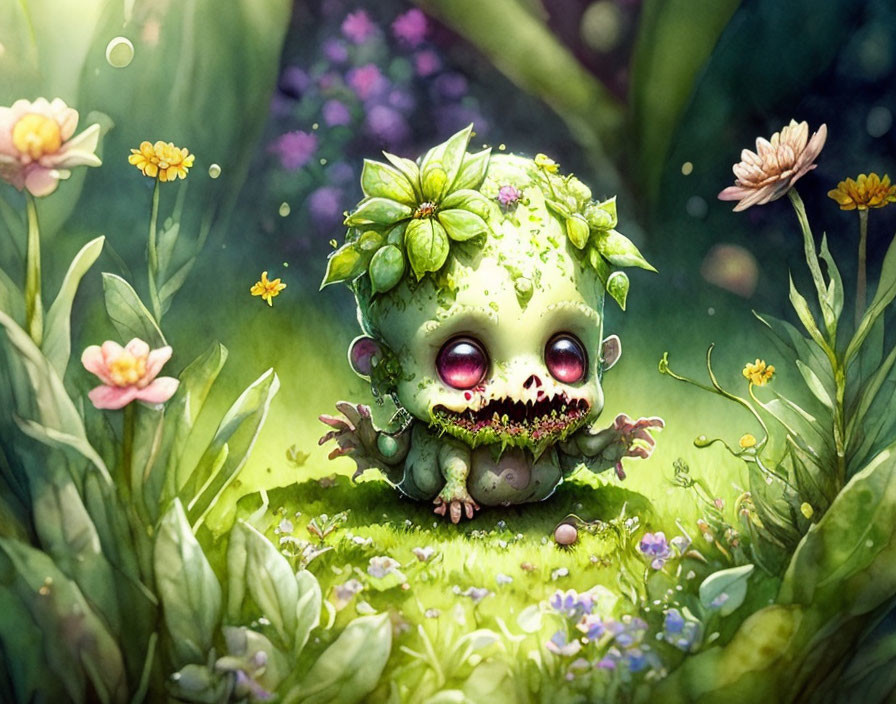 Colorful whimsical creature with green skin and flowers in nature.